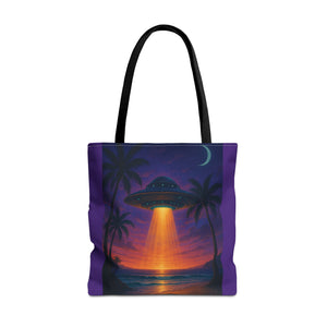 UFO at Beach Sunset Tote Bag, Purple - 3 Sizes