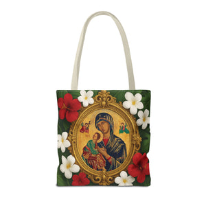 Religious Art Polyester Tote Bag, 3 Sizes / Our Lady of Perpetual Help, Red Flowers