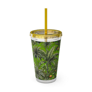 Tropical Tumbler with Straw | 16 oz: Tropical Palms & Fruit, Green