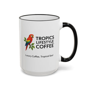 Accent Rim & Handle Coffee Mug ~ Tropics Lifestyle Coffee Parrot Logo