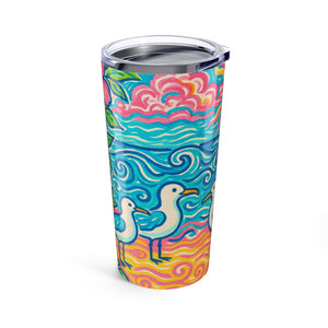 20oz Tropical Glossy Tumbler, Stainless Steel / Tropical Beach Seagulls