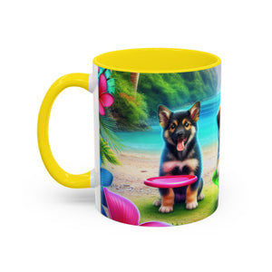 Cute Beach Puppies Playing Frisbee - Black Coffee Mug - Perfect Gift for Dog Lovers