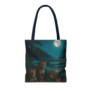 Tropical Beach & Jaguars Tote Bag, Black - 3 Sizes