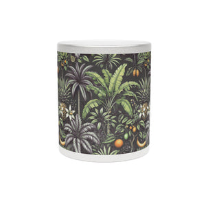 Tropical Metallic Mug, Gold or Silver - Tropical Palms & Fruit, Black