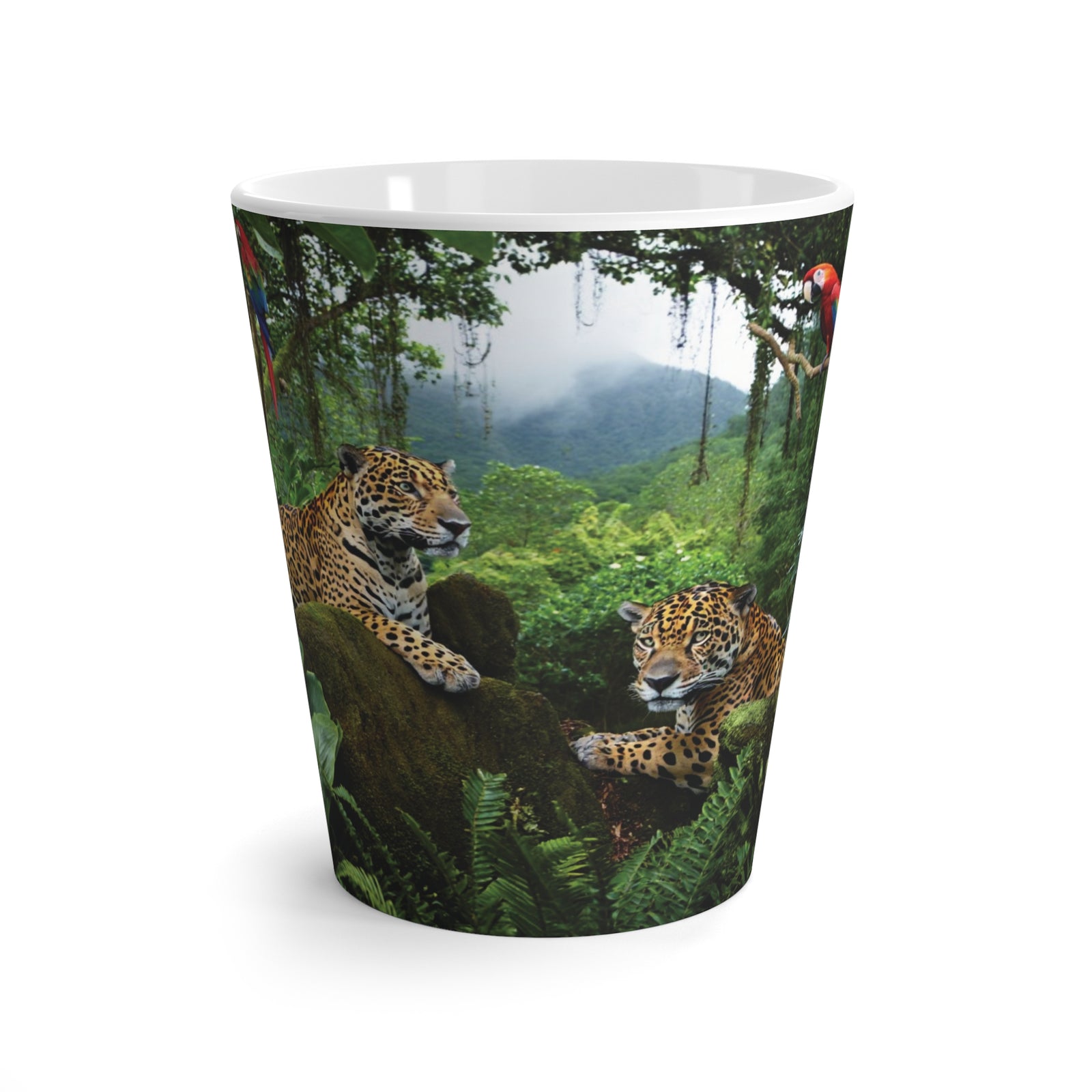 Latte White Mug - Jaguars and Parrots