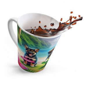 Latte White Mug - Puppies Playing Frisbee at Beach