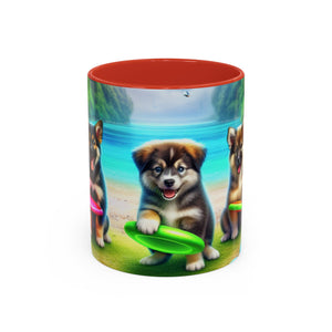 Cute Beach Puppies Playing Frisbee - Black Coffee Mug - Perfect Gift for Dog Lovers