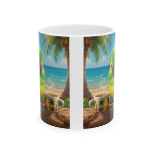 Ceramic White Mug - Lulu the Parrot Drinks Coffee