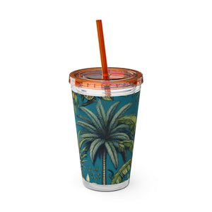 Tropical Tumbler with Straw | 16 oz: Tropical Palms & Fruit, Blue
