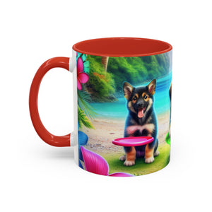 Cute Beach Puppies Playing Frisbee - Black Coffee Mug - Perfect Gift for Dog Lovers