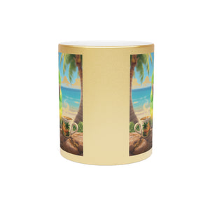 Tropical Metallic Mug, Gold or Silver - Lulu the Parrot Drinks Coffee