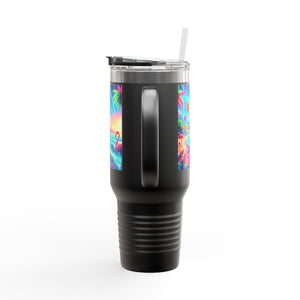 Insulated Travel Mug, 40oz / Pop Art Flamingo Beach