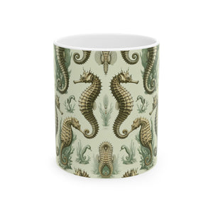 Ceramic White Mug - 11oz & 15oz, Green Toile Seahorses