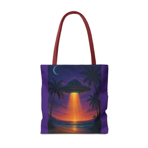 UFO at Beach Sunset Tote Bag, Purple - 3 Sizes