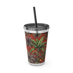Tropical Tumbler with Straw | 16 oz: Tropical Palms & Fruit, Red