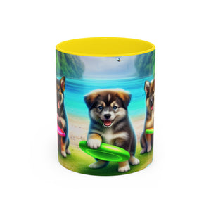 Cute Beach Puppies Playing Frisbee - Black Coffee Mug - Perfect Gift for Dog Lovers