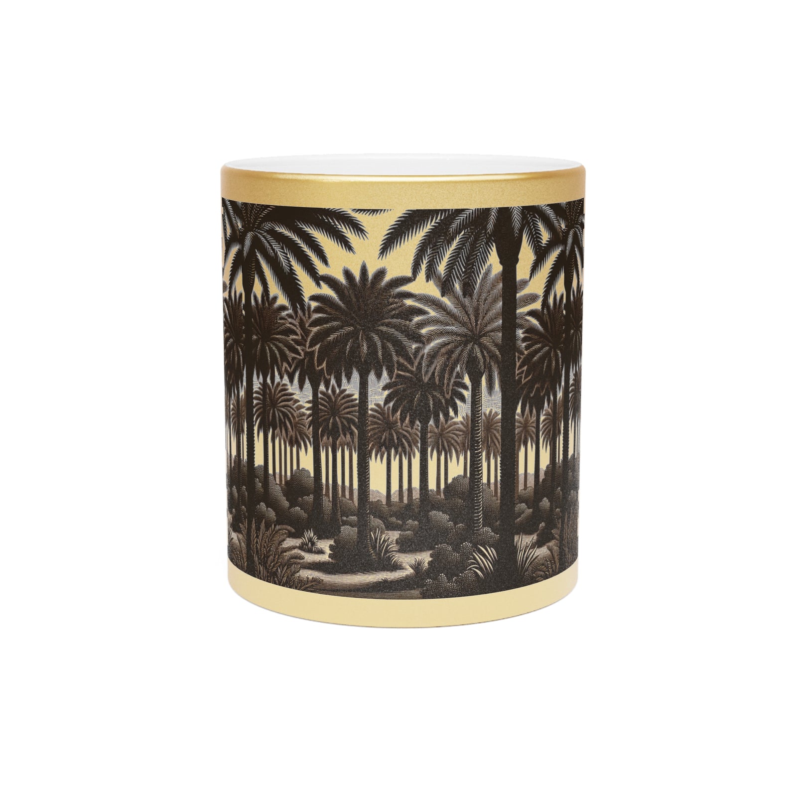Tropical Metallic Mug, Gold or Silver - Woodcut Palms