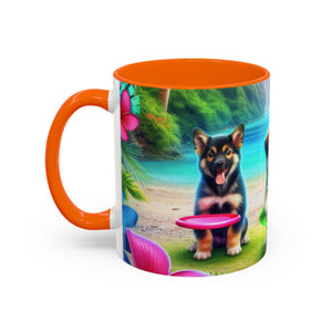Cute Beach Puppies Playing Frisbee - Black Coffee Mug - Perfect Gift for Dog Lovers