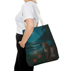 Tropical Beach & Jaguars Tote Bag, Black - 3 Sizes