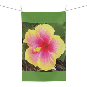 Tropical Microfiber Coffee/Tea Towel – Yellow & Pink Hibiscus, Green