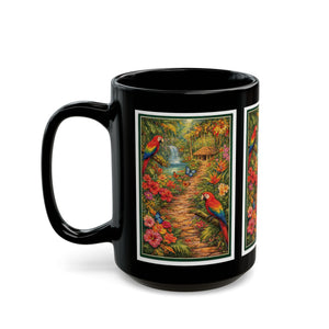 Tropical Parrot Black Mug — Colorful Jungle Scene Coffee Cup (11oz/15oz)