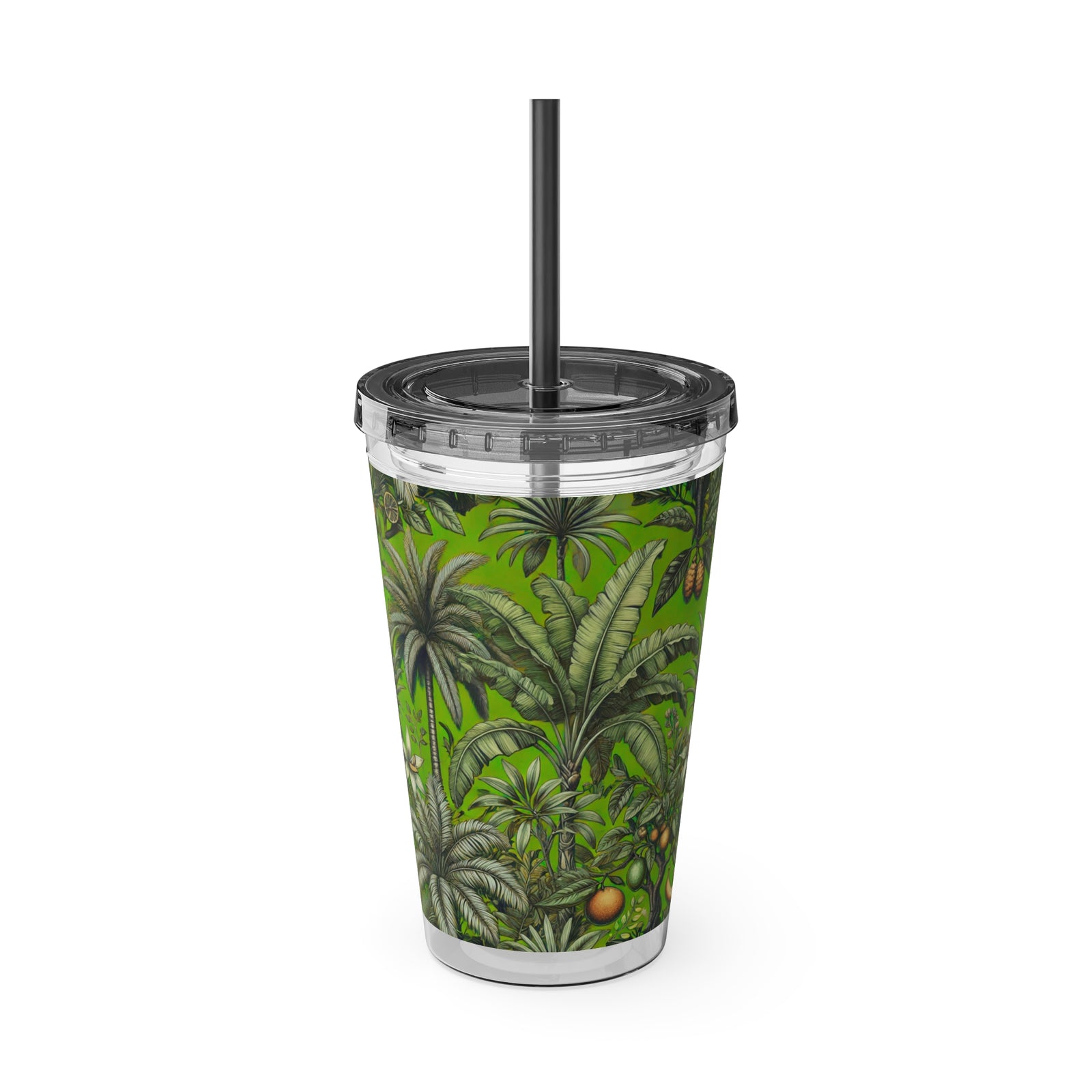Tropical Tumbler with Straw | 16 oz: Tropical Palms & Fruit, Green