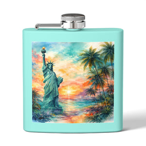 6oz Stainless Steel Flask — Sunset Statue of Liberty Coastal Art