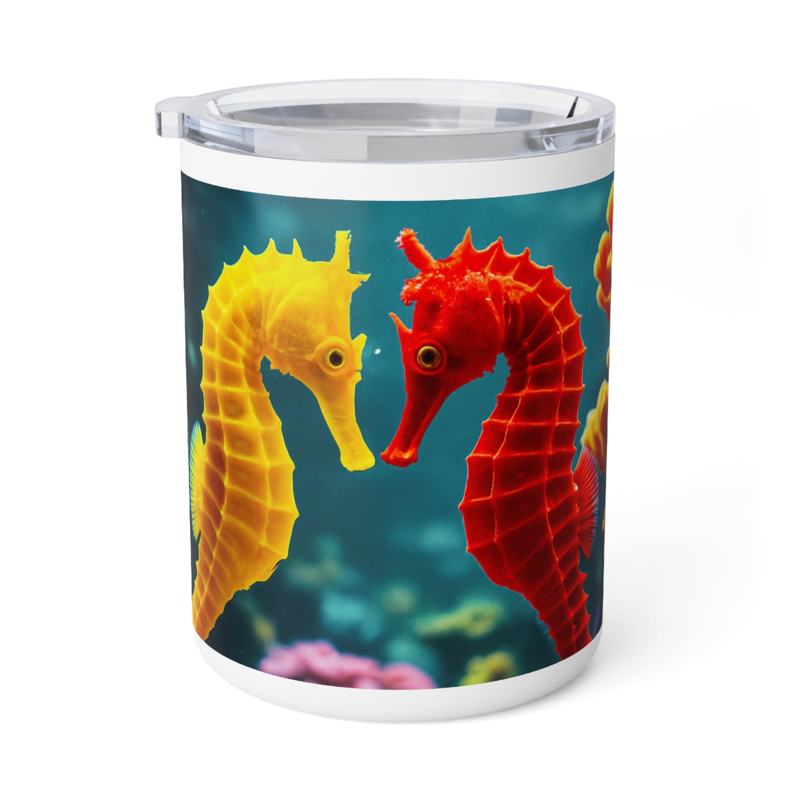10oz Insulated Coffee Mug — Colorful Seahorses in Love