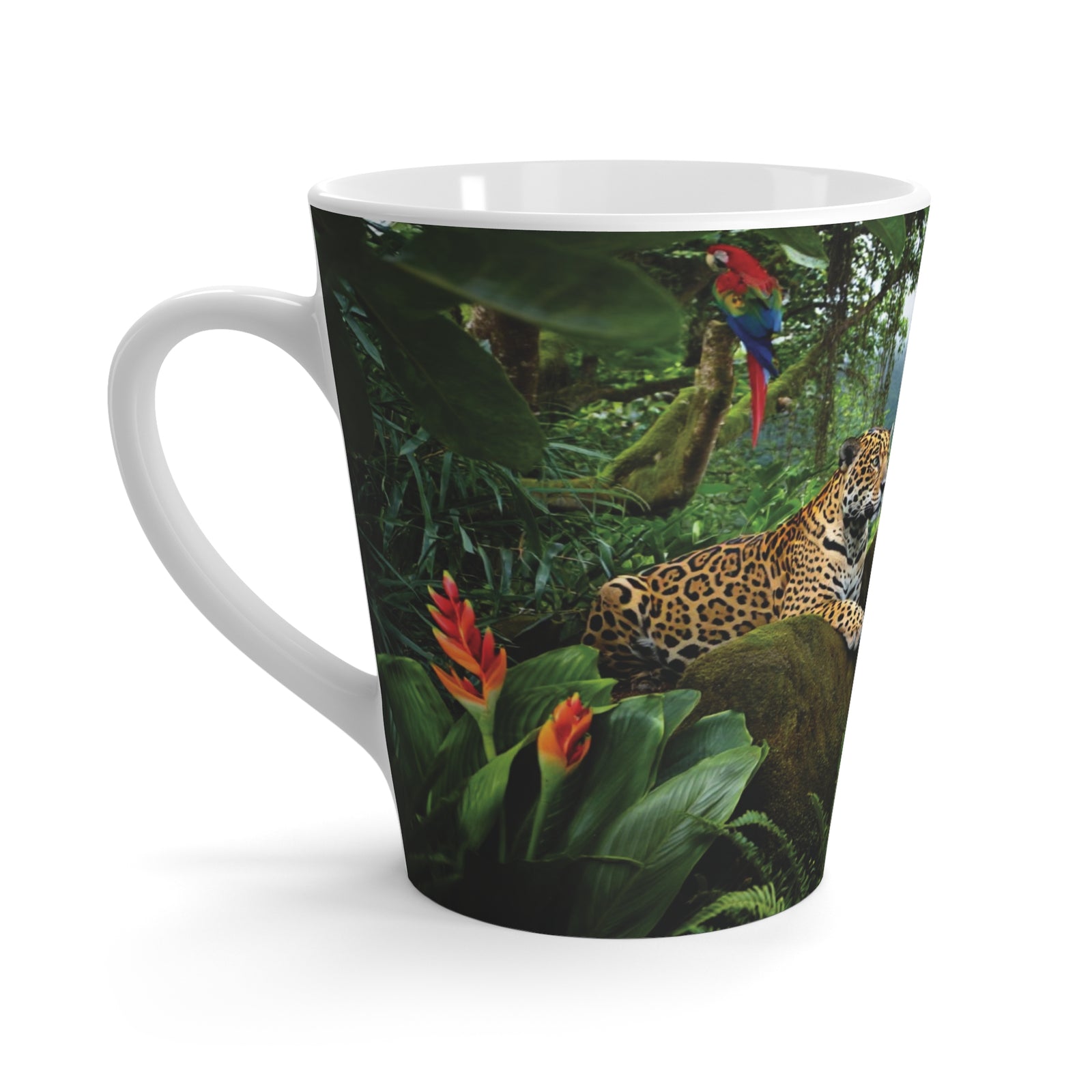 Latte White Mug - Jaguars and Parrots