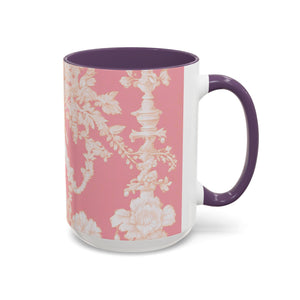 Accent Color Coffee Mug (11, 15oz), Pearl Lady Toile/Hibiscus Pink