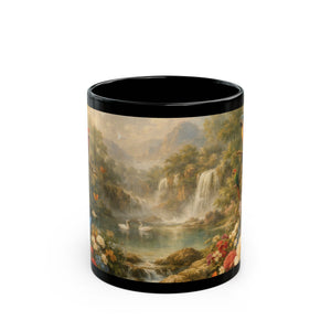 Black Ceramic Mug — Vintage Floral Rainforest Landscape, 11oz/15oz