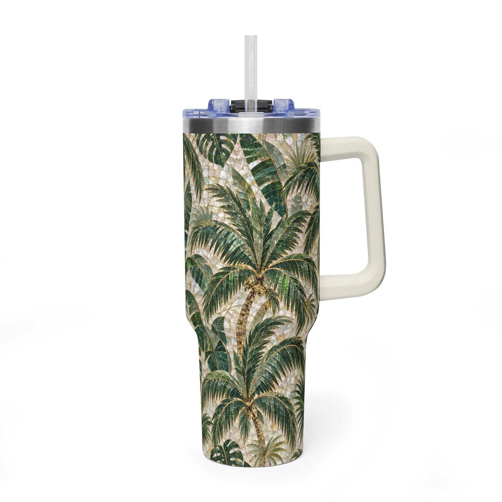 40oz Vacuum Tumbler – Insulated Tropical Travel Mug, Palms Mosaic