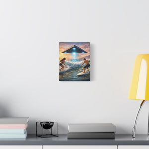Surfing UFO Canvas Print — Beach Sunset Sci‑Fi Wall Art
