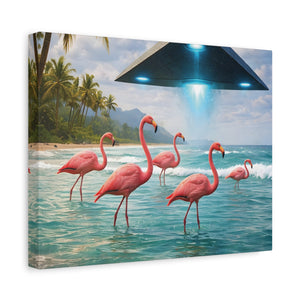 Matte Canvas Print — Flamingos & UFO Beach Wall Art