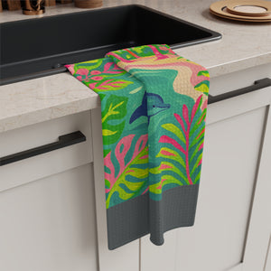 Tropical Microfiber Coffee/Tea Towel ~ Jumping Dolphins, Dark Grey