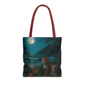 Tropical Beach & Jaguars Tote Bag, Black - 3 Sizes