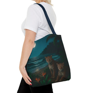 Tropical Beach & Jaguars Tote Bag, Black - 3 Sizes