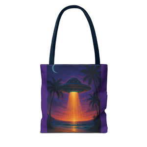 UFO at Beach Sunset Tote Bag, Purple - 3 Sizes