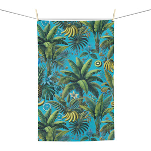Tropical Microfiber Coffee/Tea Towel — Palms & Bananas, Aqua Blue