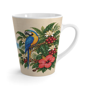 Tropical Parrot Latte Mug – Hawaiian Beach, Hibiscus & Blue Macaw Coffee Cup