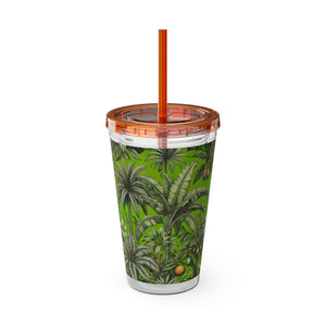Tropical Tumbler with Straw | 16 oz: Tropical Palms & Fruit, Green