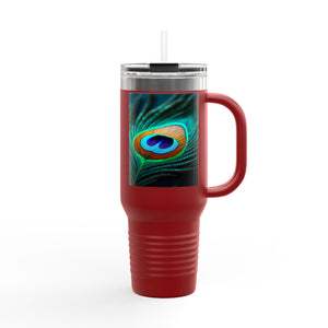 Insulated Travel Mug, 40oz / Peacock Eye Feather, Turquoise- Perfect for Outdoor Adventures