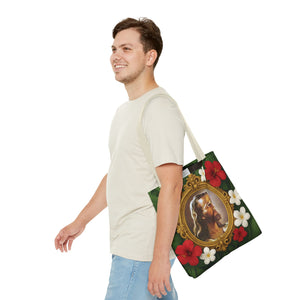 Religious Art Polyester Tote Bag, 3 Sizes / "Head of Christ" Jesus Portrait, Red Flowers