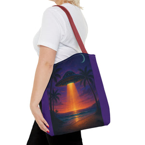 UFO at Beach Sunset Tote Bag, Purple - 3 Sizes