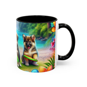 Cute Beach Puppies Playing Frisbee - Black Coffee Mug - Perfect Gift for Dog Lovers