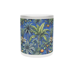 Tropical Metallic Mug, Gold or Silver - Tropical Palms & Fruit, Ocean Blue