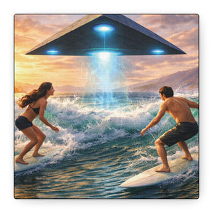 Surfing UFO Canvas Print — Beach Sunset Sci‑Fi Wall Art