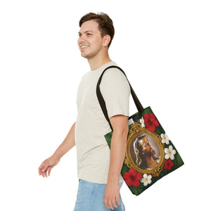 Religious Art Polyester Tote Bag, 3 Sizes / "Head of Christ" Jesus Portrait, Red Flowers