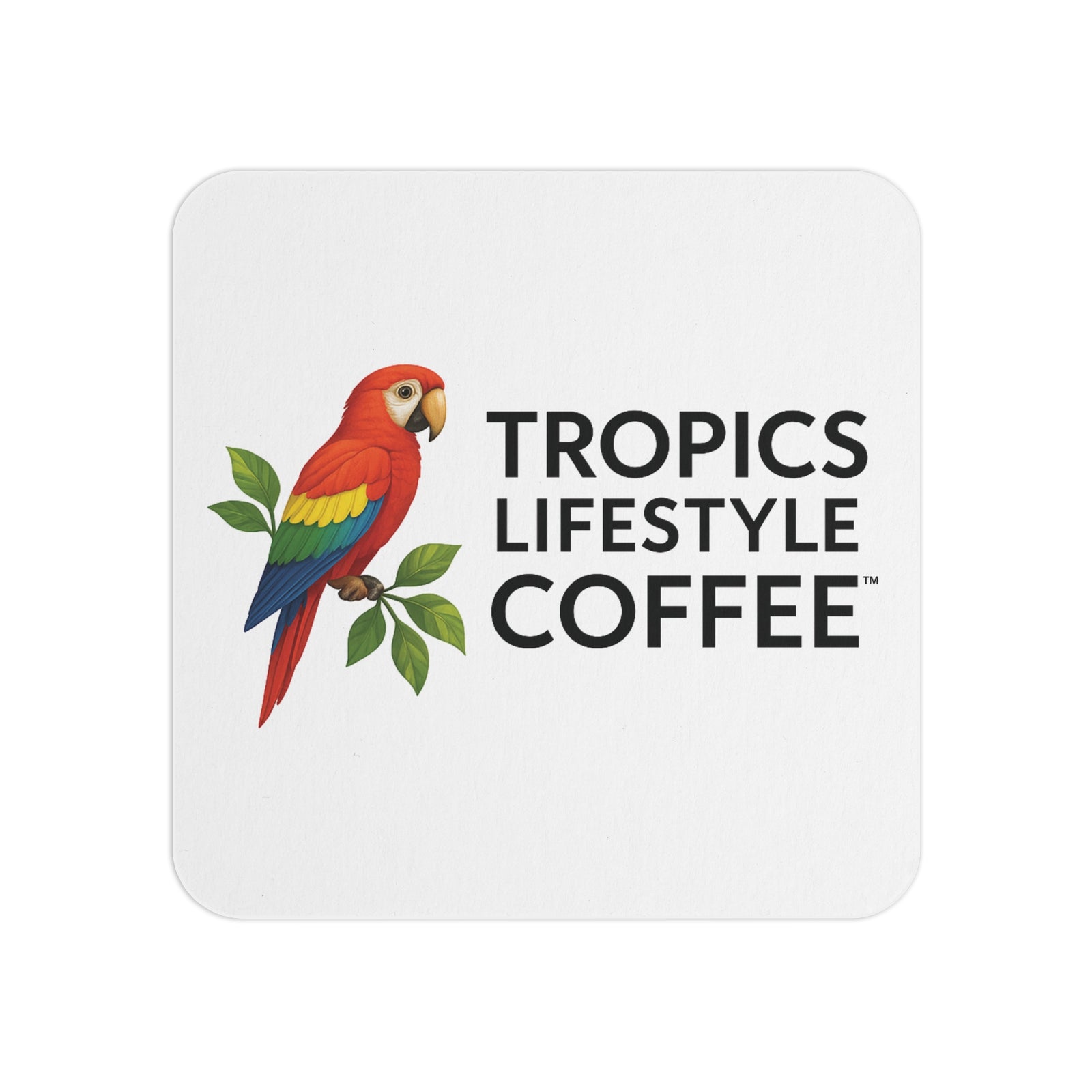 Bulk Durable Hardboard Coffee Coasters — Tropics Lifestyle Coffee Parrot Logo (50/100 pcs), white