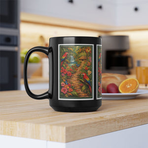 Tropical Parrot Black Mug — Colorful Jungle Scene Coffee Cup (11oz/15oz)